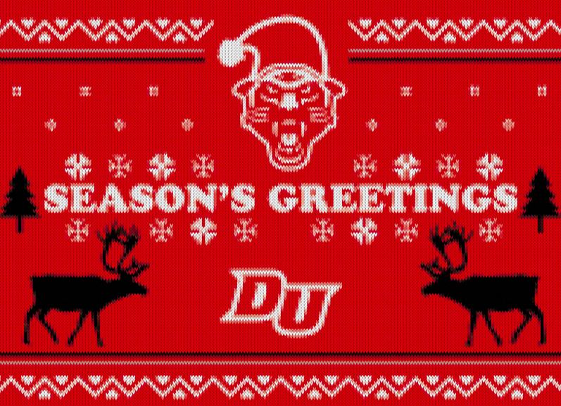 A red and white holiday card design for Drury University resembling an ugly Christmas sweater.